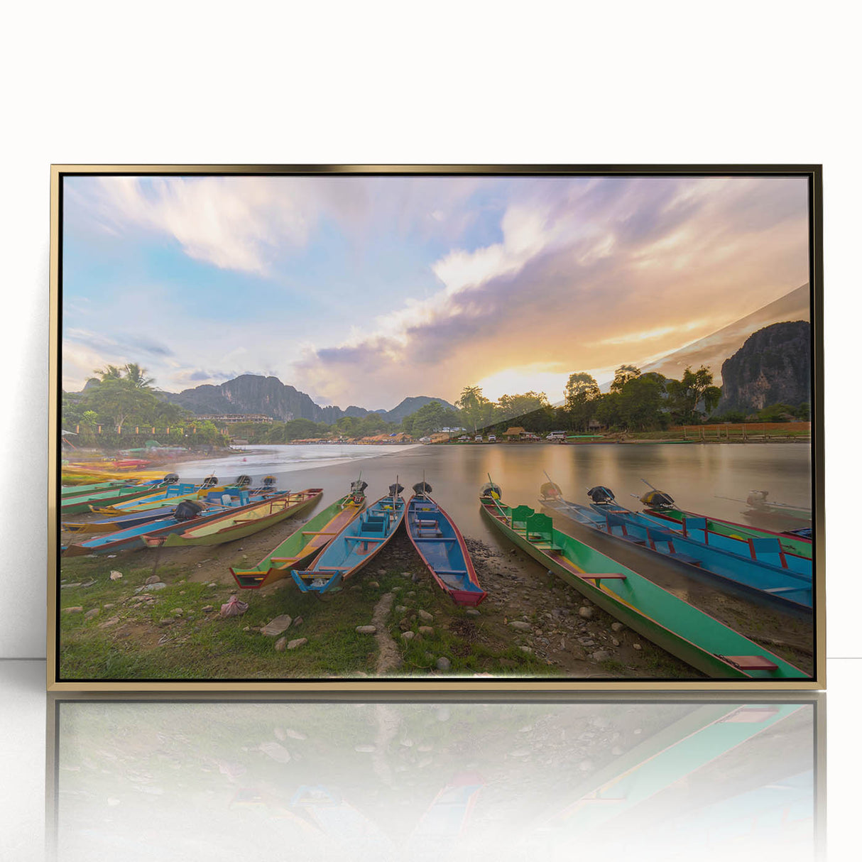 Mid-century modernist art depicting a Laotian landscape in muted gold and green tones on a framed acrylic print.