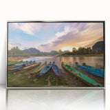 Large art print depicting a serene Laos landscape in muted earth tones on a framed acrylic.