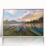 Acrylic print of a serene Laotian landscape in muted earth tones, framed in white.