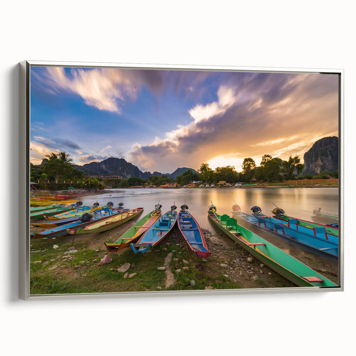Landscape painting of a serene Laotian scenery on framed canvas, featuring muted earth tones.