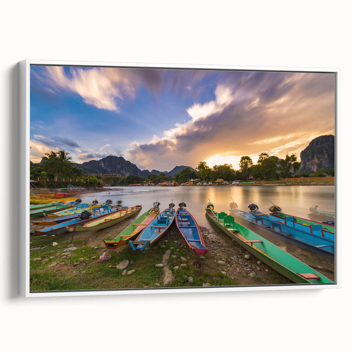 Vintage poster art of a Laos scenery in vibrant colors on a white framed canvas, ideal for living room decor.