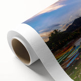 Art Deco poster of a serene Laotian landscape in soft pastel shades on rolled canvas, ideal for nursery wall art.