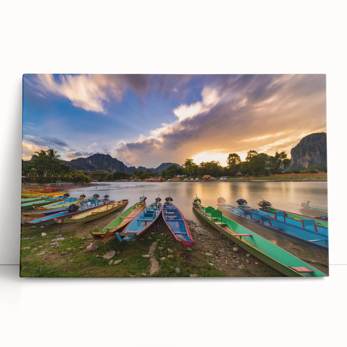 Black and white large art print of Laos scenery on stretched canvas, ideal for kitchen wall art or bedroom decor.