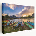 Side view of a stretched canvas featuring a serene Laos landscape in soft green and blue tones, ideal for kitchen wall art.