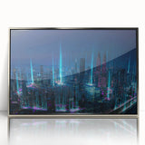 Mid-century modernist art depicting a serene Malaysian landscape in cool blue and green tones, framed in silver acrylic.