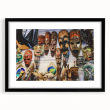 Extra large abstract art print of a colorful Maldivian scenery on textured canvas, framed in black.