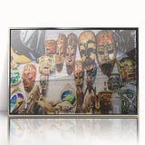 Mid-century modernist art depicting a serene Maldivian beach scene in muted blue and white tones, framed acrylic print.