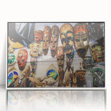 Acrylic print of a serene Maldivian landscape in soft blue and white tones, framed in white.