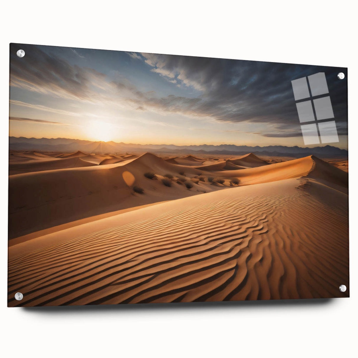 Large abstract wall art of Mongolian scenery in muted earth tones on acrylic glass.