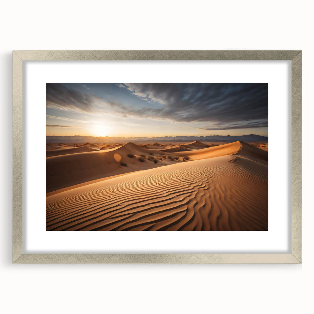 Textured abstract art print depicting a Mongolian landscape in muted earth tones on a framed silver mat.