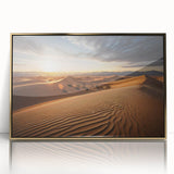 Large art print of a Mongolian landscape in mid-century modernist style, featuring acrylic framing with gold accents.