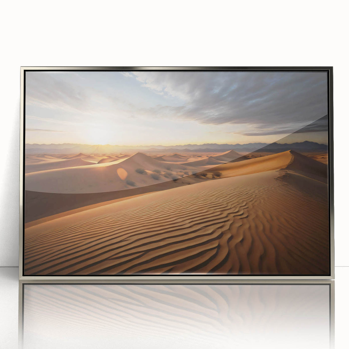 Mid-century modernist art depicting a Mongolian landscape in muted earth tones on a framed acrylic panel.