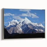 Vintage poster art of a scenic Nepalese landscape on a silver-framed canvas, featuring vibrant colors.