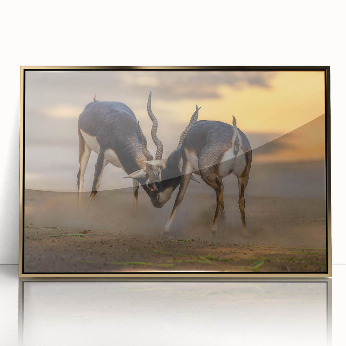 Large acrylic print of a mid-century modernist Pakistani landscape in gold and green tones, ideal for modern art wall decor.