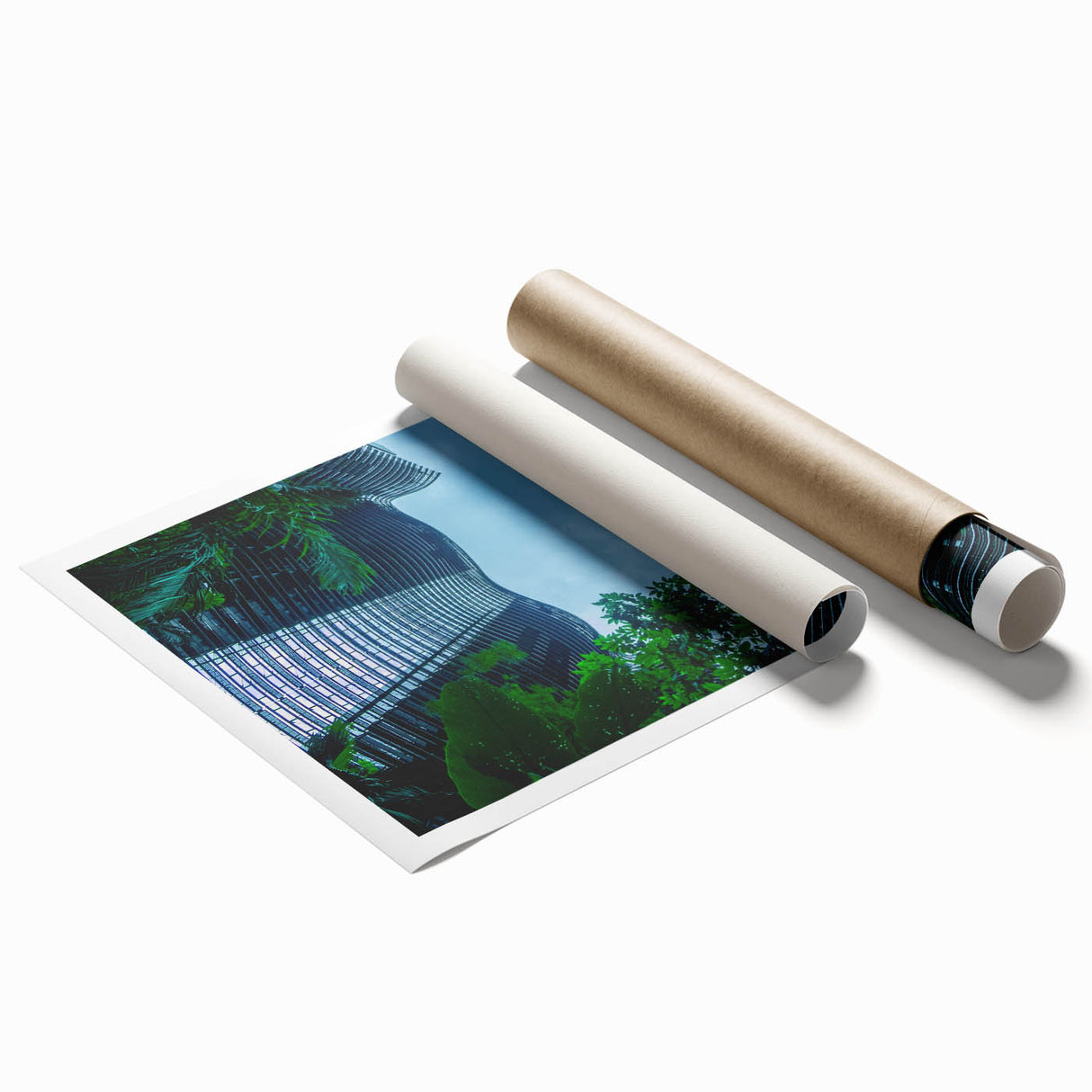Extra large rolled print of a Singapore skyline with floral elements in pastel shades, ideal for classy bathroom wall art.