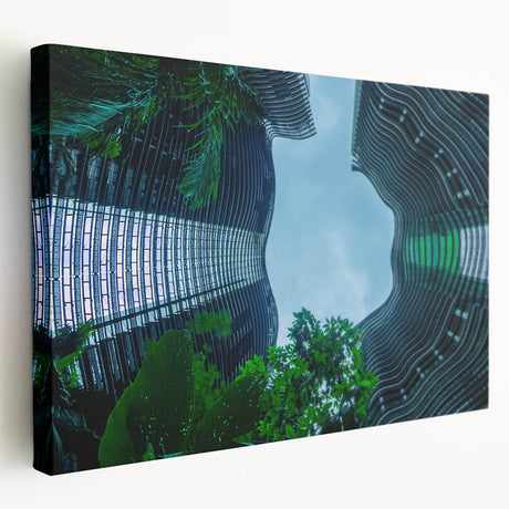 Side view of a stretched canvas featuring a vibrant, detailed Singapore skyline, ideal for kitchen wall art.