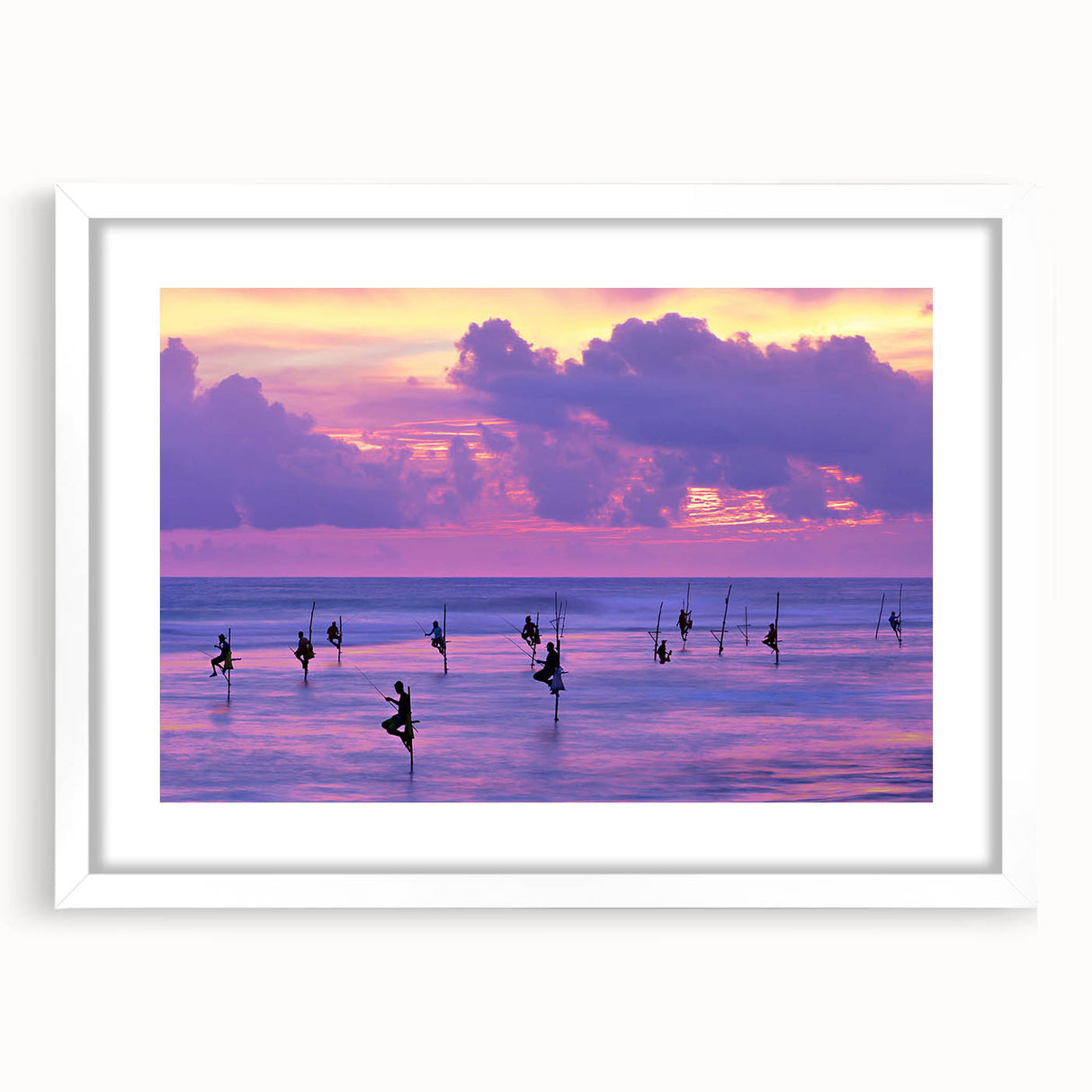 Abstract art print of a Sri Lankan landscape in cool blue and green tones, framed with a white mat.
