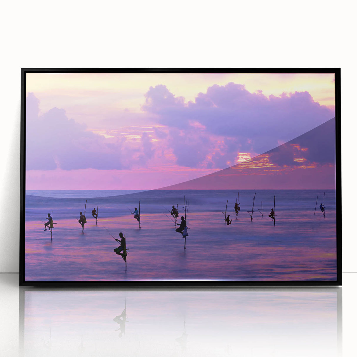 Framed acrylic print of a large abstract depiction of Asian scenery, with muted earth tones.