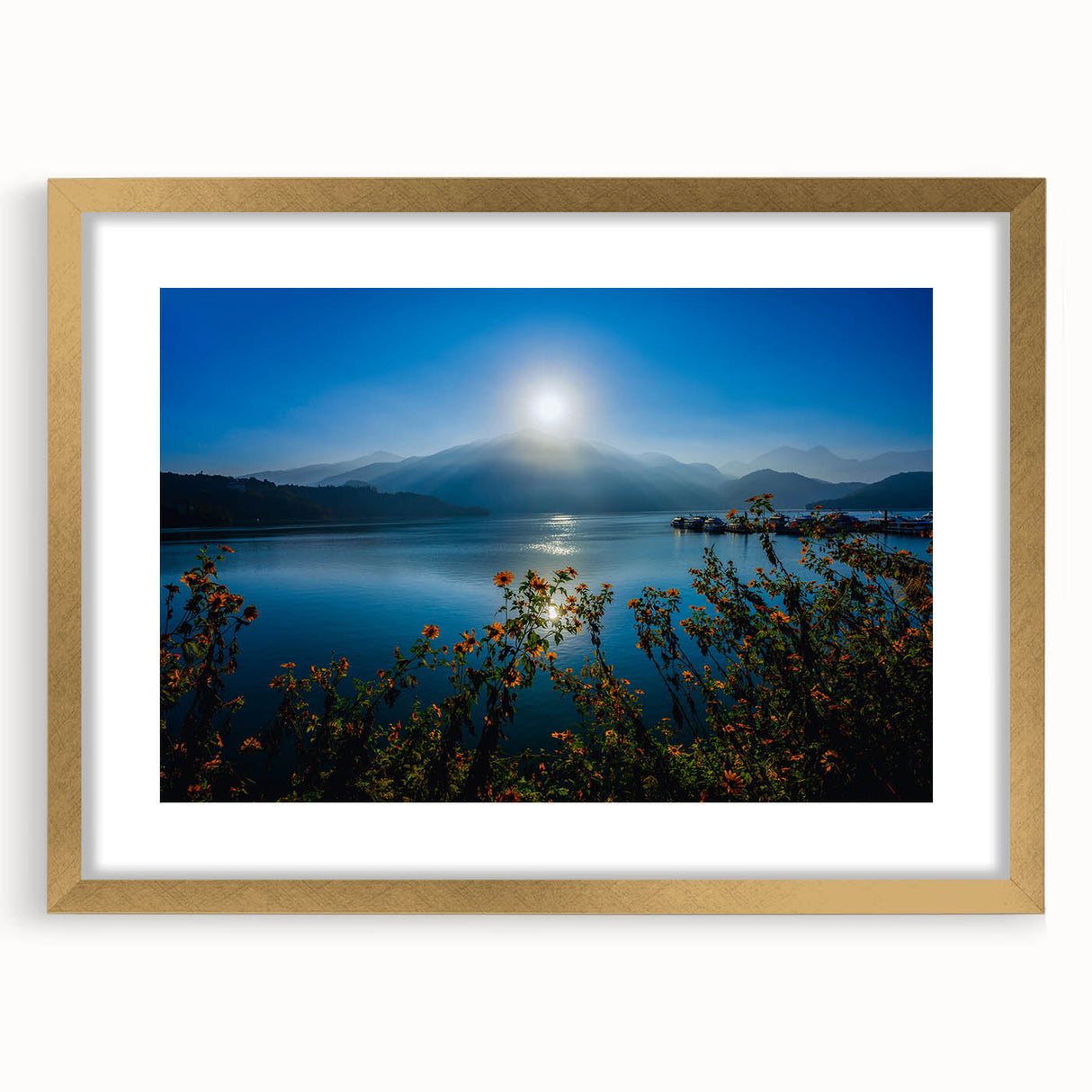 Extra large abstract art print featuring a textured representation of a Taiwanese landscape in gold tones, framed with a mat.