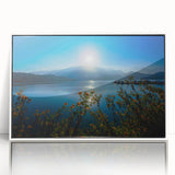 Art deco poster of a Taiwan scenery in muted gray and blue tones, acrylic print in a white frame.