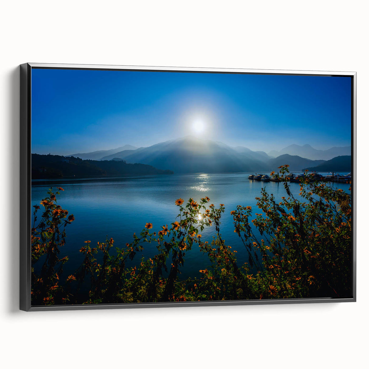 Black and white framed canvas of a Taiwanese landscape, featuring vintage poster art, suitable for bedroom decor.