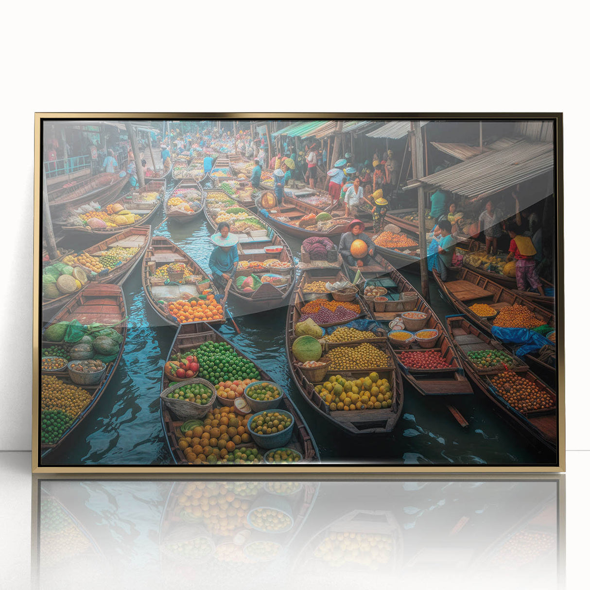Large art print of Bangkok skyline in gold tones on acrylic, framed, in mid-century modernist style.