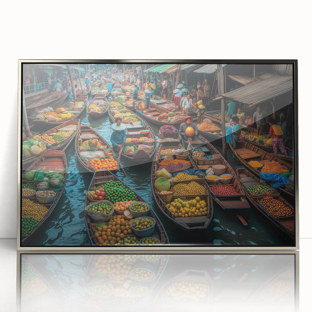 Acrylic print of Bangkok skyline in silver frame, featuring mid-century modernist style, ideal for modern art wall decor.