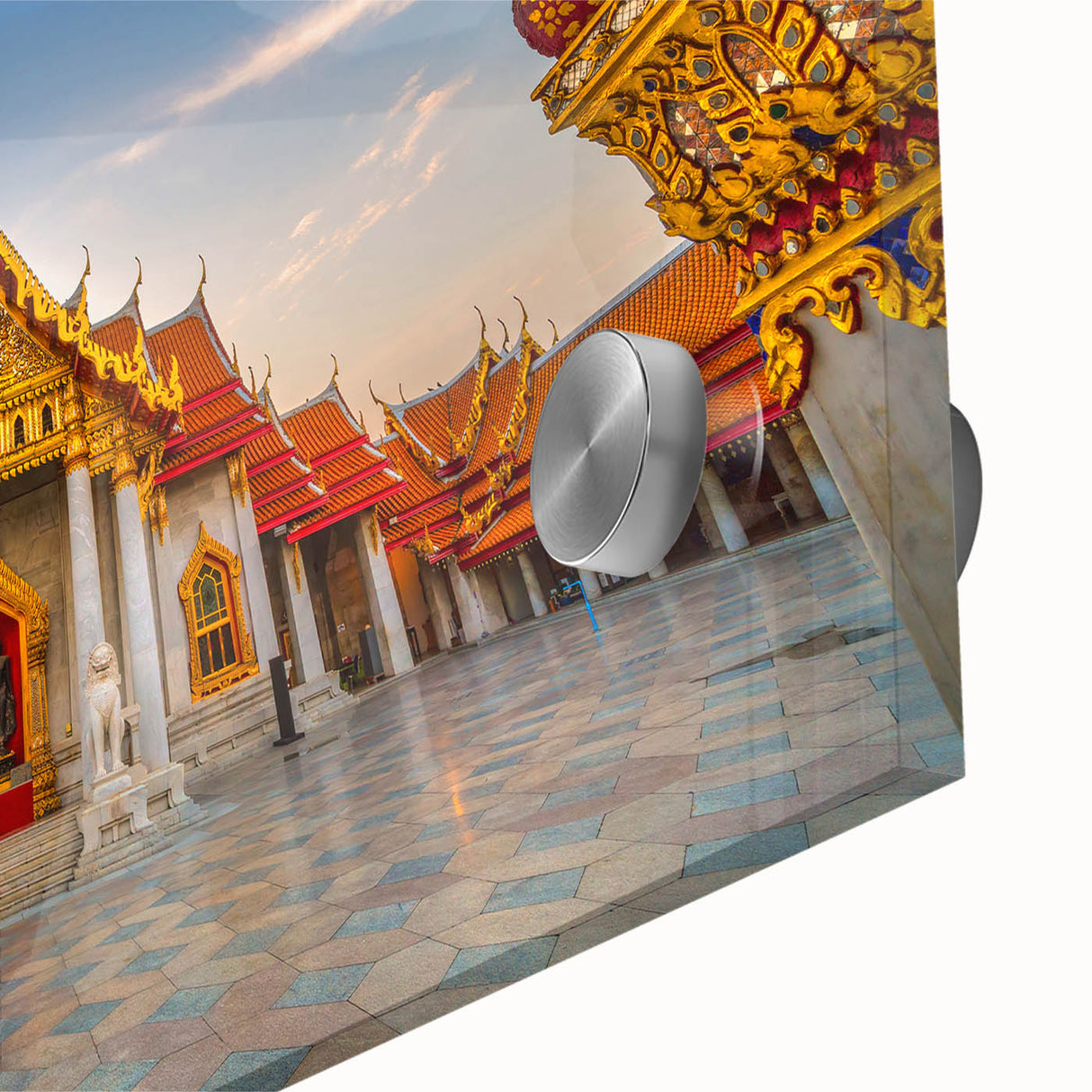 Large abstract wall art depicting a serene Thai landscape in muted green and blue tones on acrylic glass.
