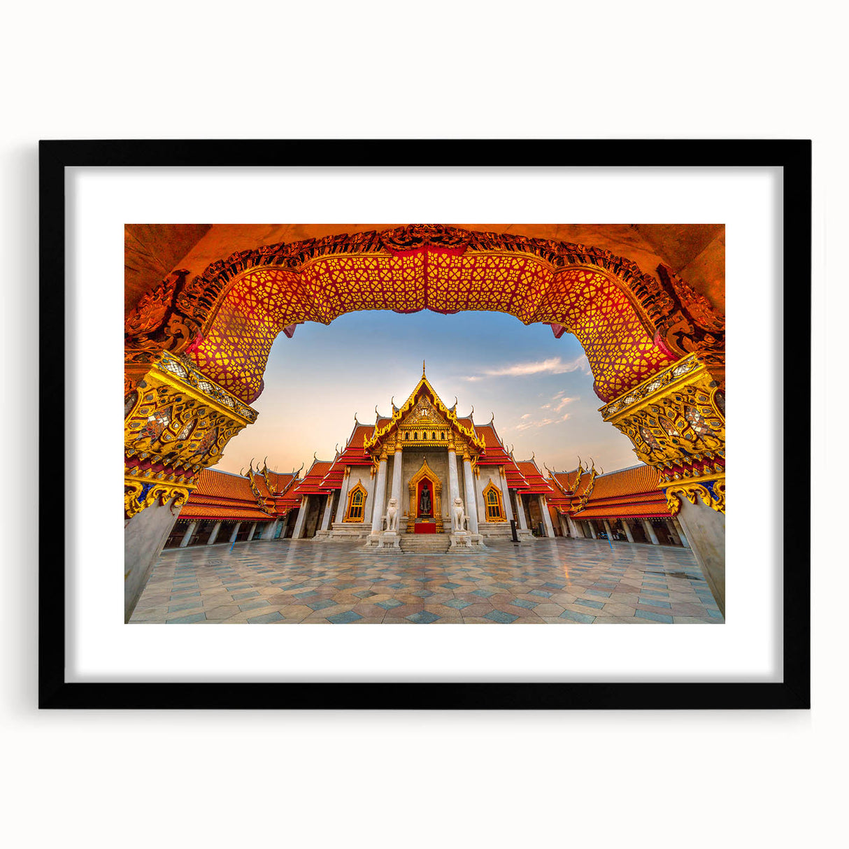 Extra large abstract art print depicting a colorful, textured scenery of Thailand in a black frame.