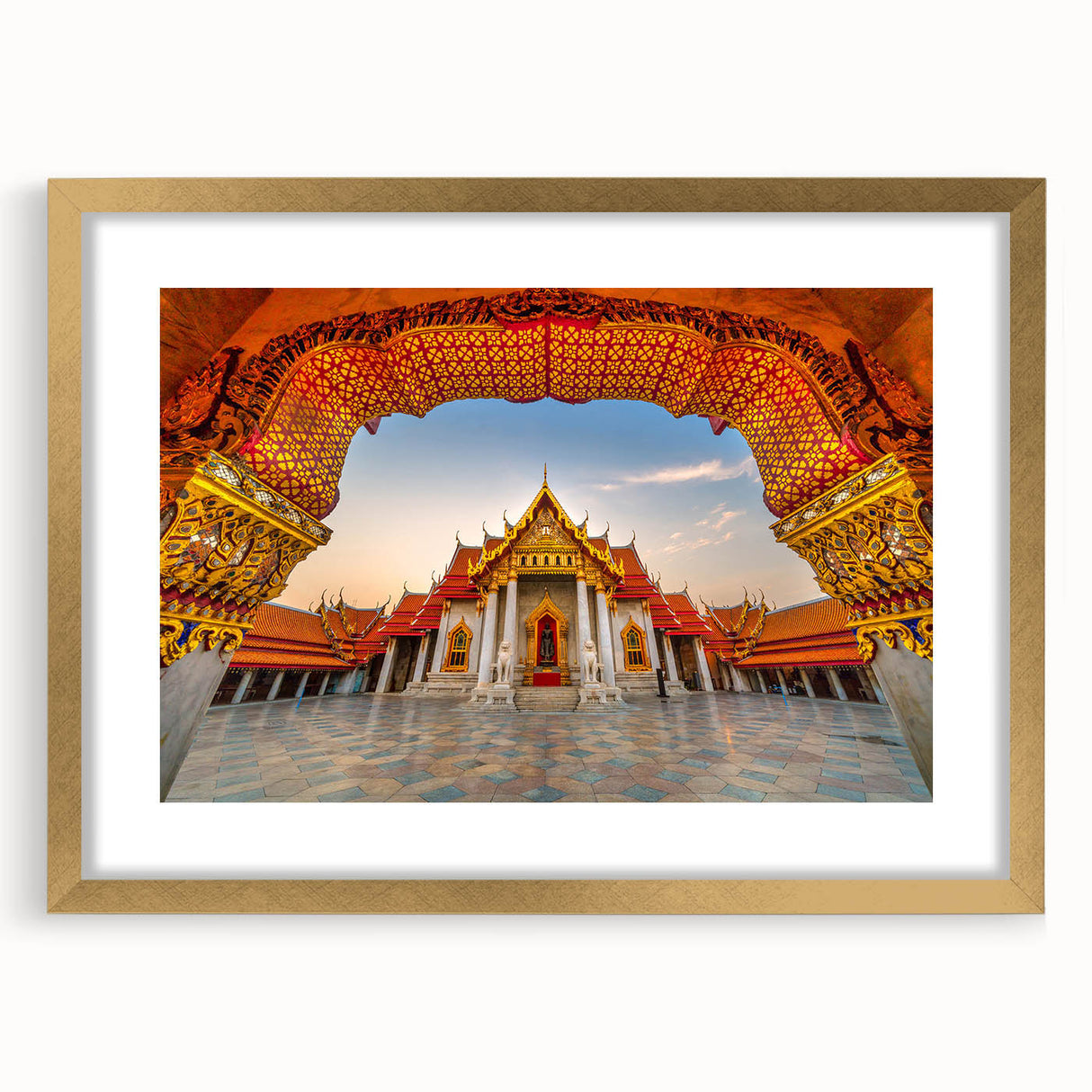 Extra large abstract art print featuring textured scenery of Thailand in a gold frame, suited for living room decor.