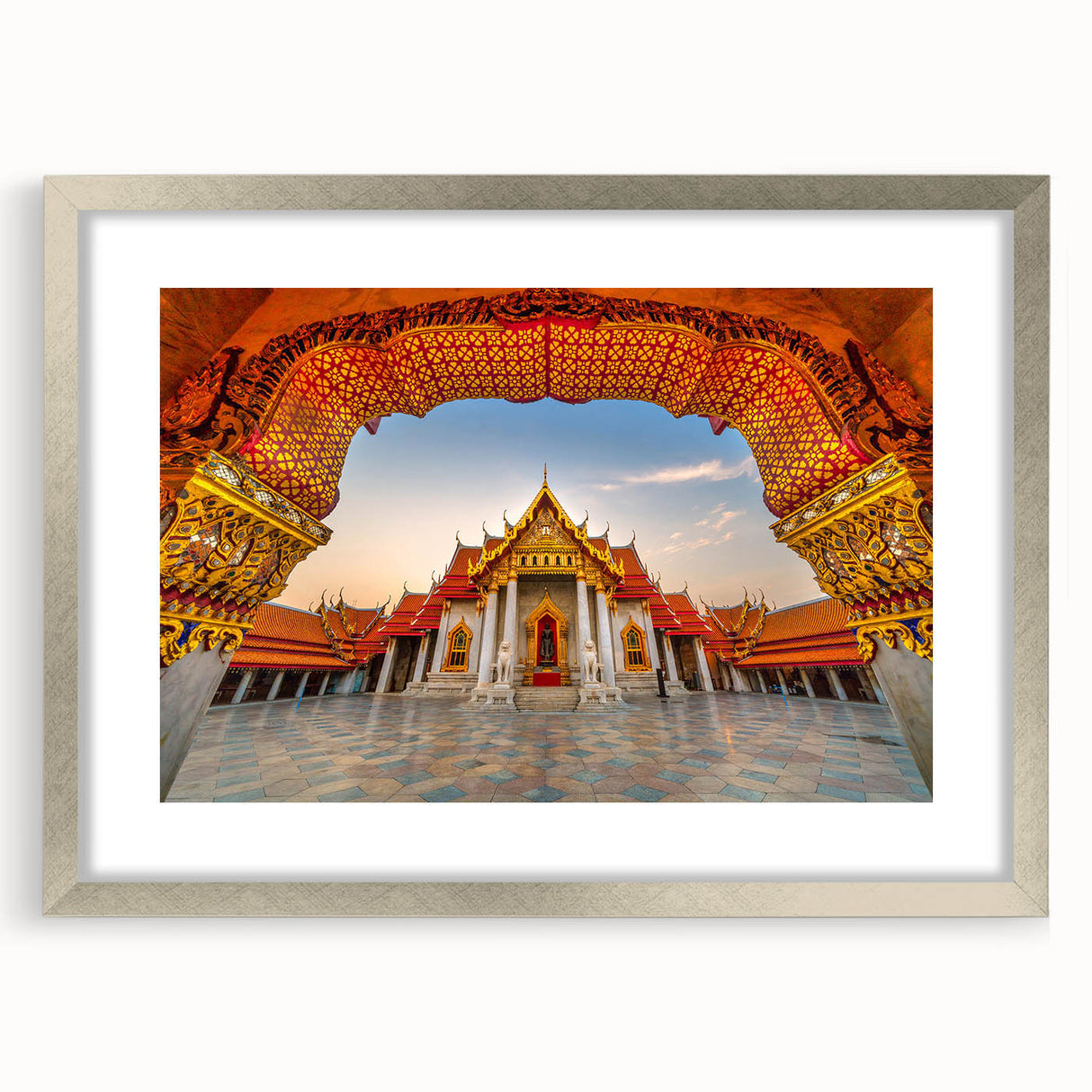 Textured abstract art print of a serene Thai landscape in muted earth tones on a framed silver mat, ideal for bedroom art.