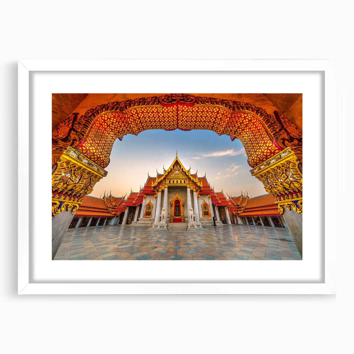 Abstract art print of a Thai landscape in muted greens and blues on a framed white canvas, suitable for dining room decor.