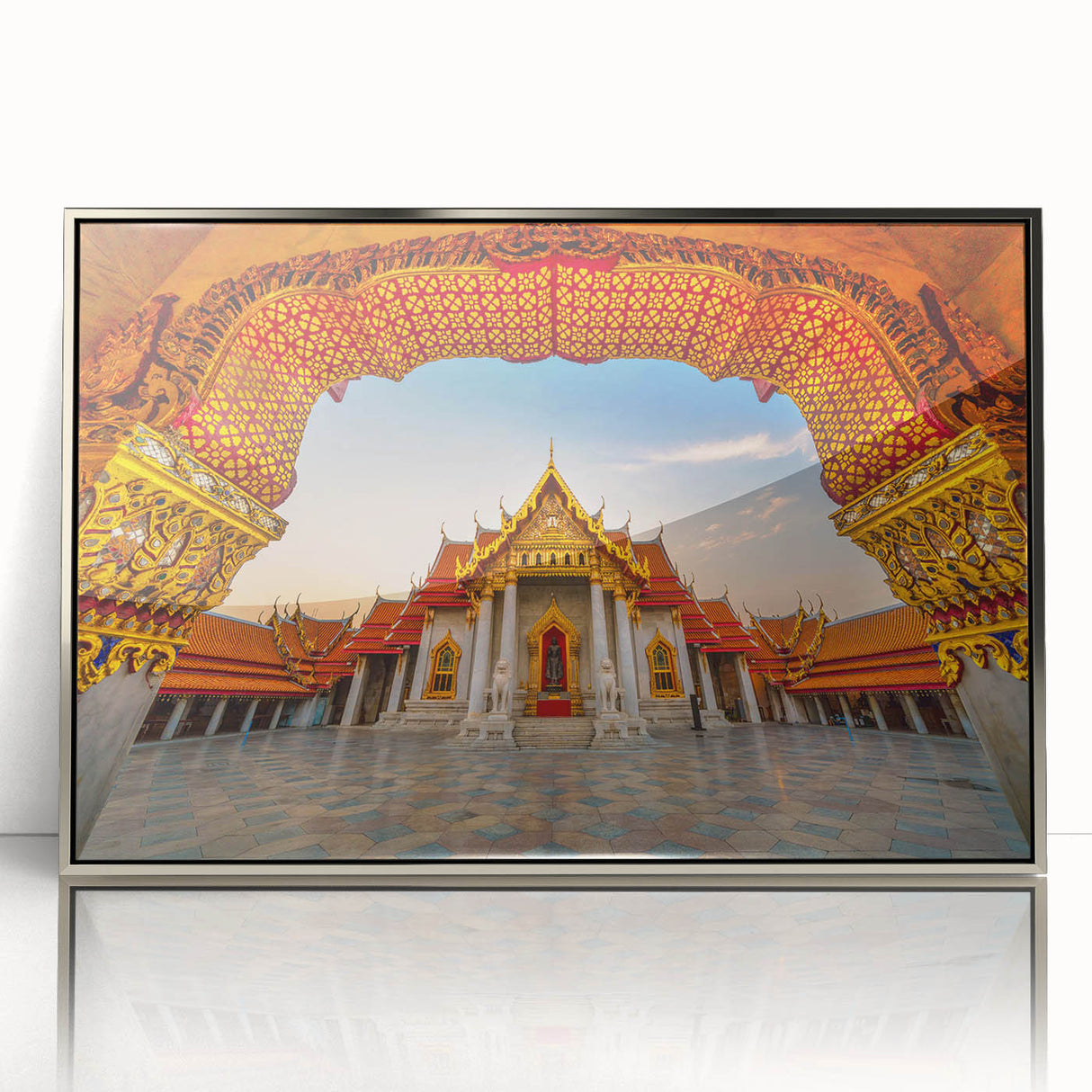 Mid-century modernist art depicting a serene Thailand scenery in silver-framed acrylic, perfect for nursery wall art.