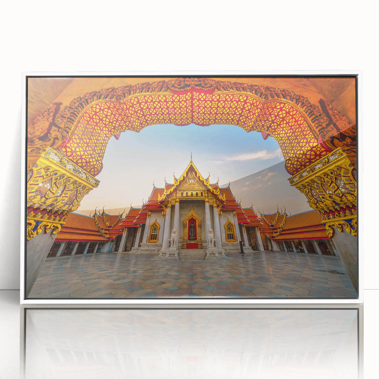 Art deco poster of a serene Thai landscape in muted greens and blues, framed acrylic, ideal for modern art wall decor.