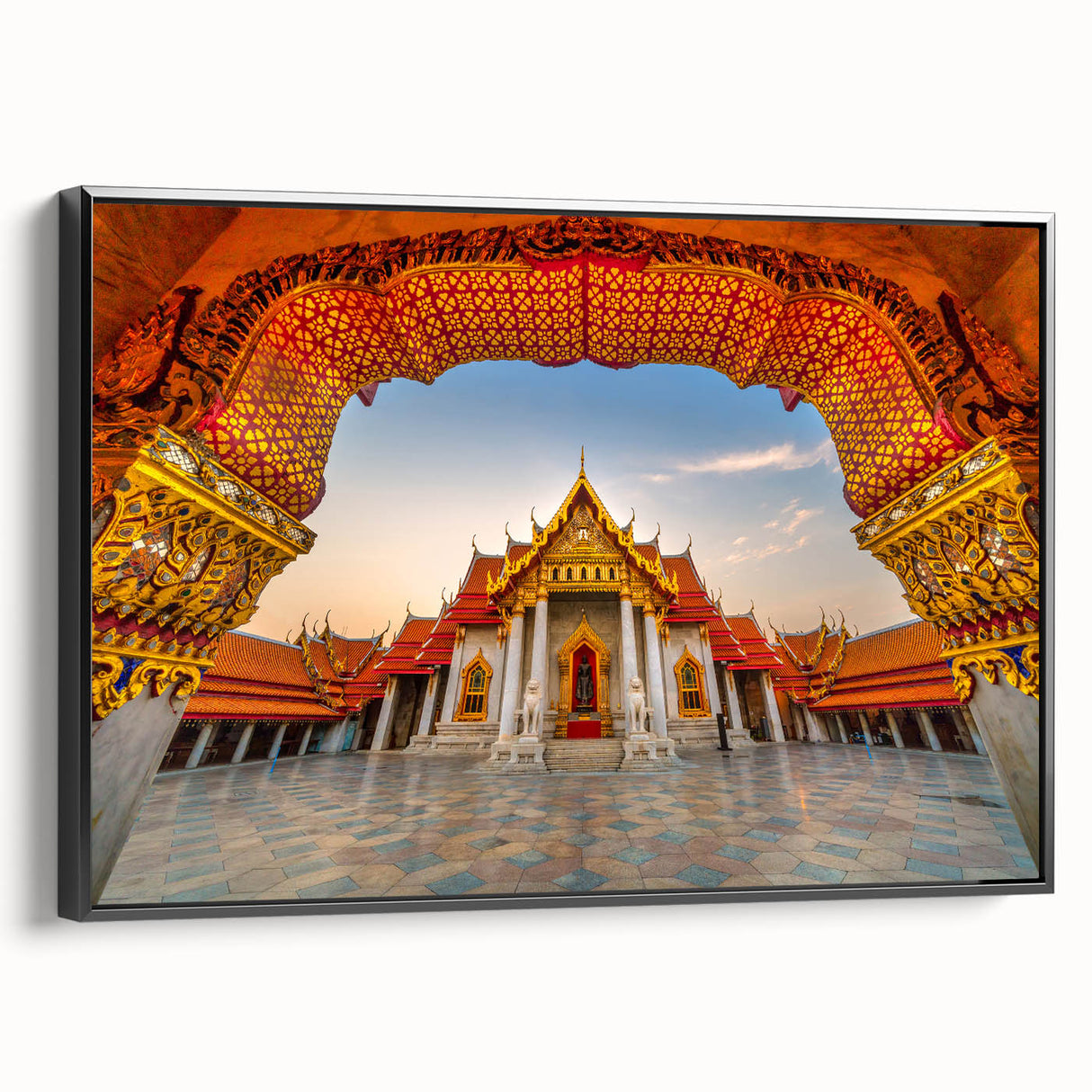 Black and white landscape art painting of a Thai scenery on framed canvas, ideal for bedroom wall decor.