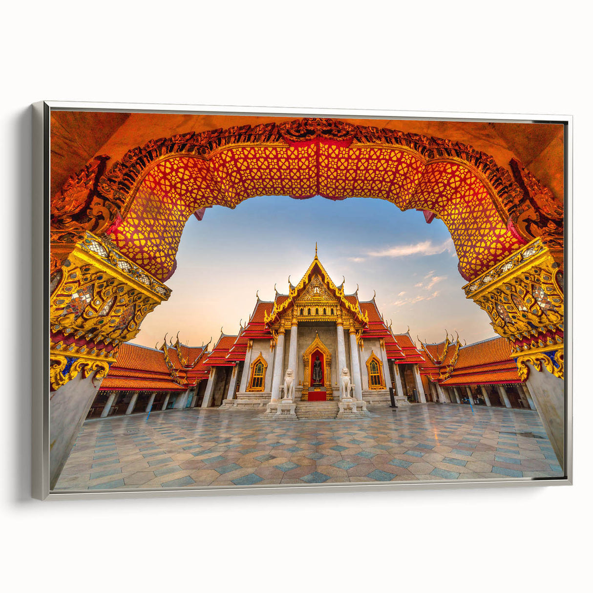 Landscape art painting featuring a colorful Thai scenery on framed canvas, ideal for adding a vibrant touch to any room.