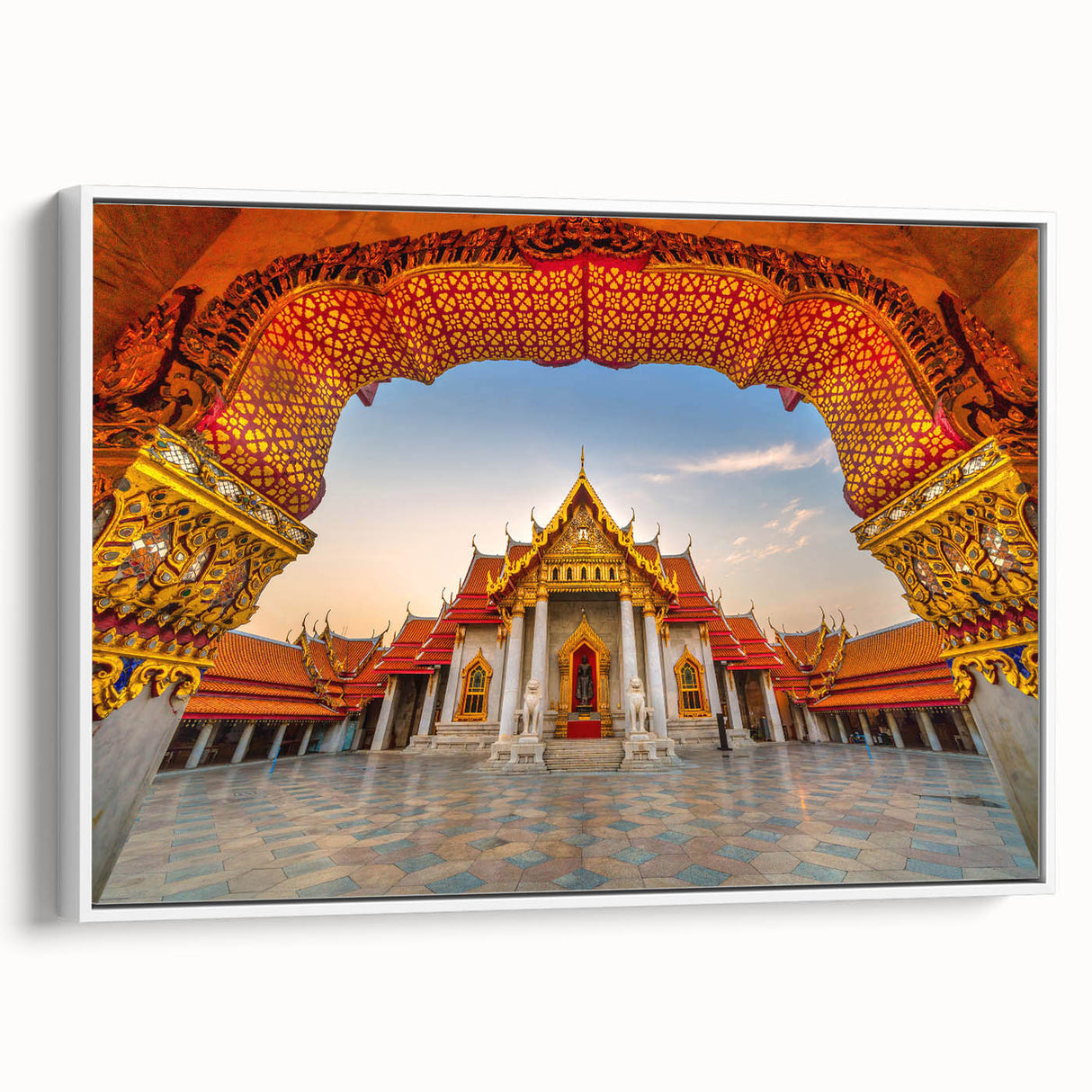 Vintage poster art of a Thai landscape on extra large framed canvas, featuring colorful elements against a black background.