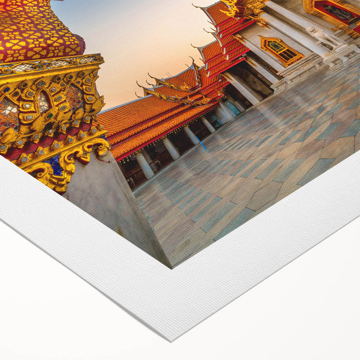 Art deco poster featuring a serene Thai landscape in muted green and blue tones on rolled canvas.