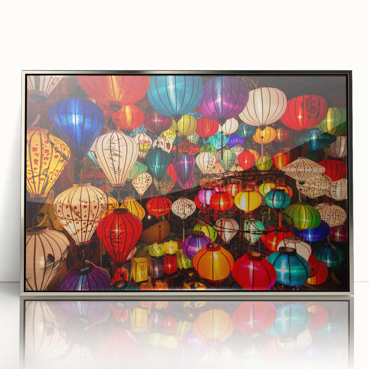 Mid-century modernist art depicting a Vietnamese landscape in muted greens and blues on a framed acrylic print.