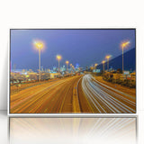 Framed acrylic print of Melbourne skyline in muted gray tones, suitable for modern art wall decor.