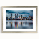 Abstract art print of Perth skyline in muted gray and blue tones on a framed poster, ideal for dining room decor.