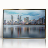 Mid-century modernist art depicting Perth skyline in muted gold tones on a framed acrylic print.