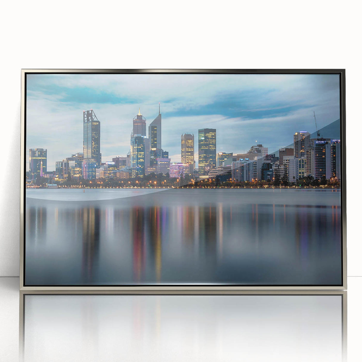 Silver-framed acrylic print of Perth, Australia skyline in art deco style, ideal for modern art wall decor.
