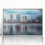 Acrylic print of Perth, Australia skyline in muted blue and gray tones, framed in white, suitable for modern art wall decor.