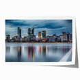 Extra large rolled canvas print depicting the Perth skyline with soft pink and blue twilight hues.