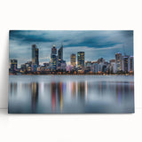 Black and white stretched canvas of Perth skyline, ideal for kitchen wall art or bedroom ambiance.