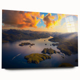 Acrylic print of a large abstract scenic view of British Columbia, in muted earth tones.