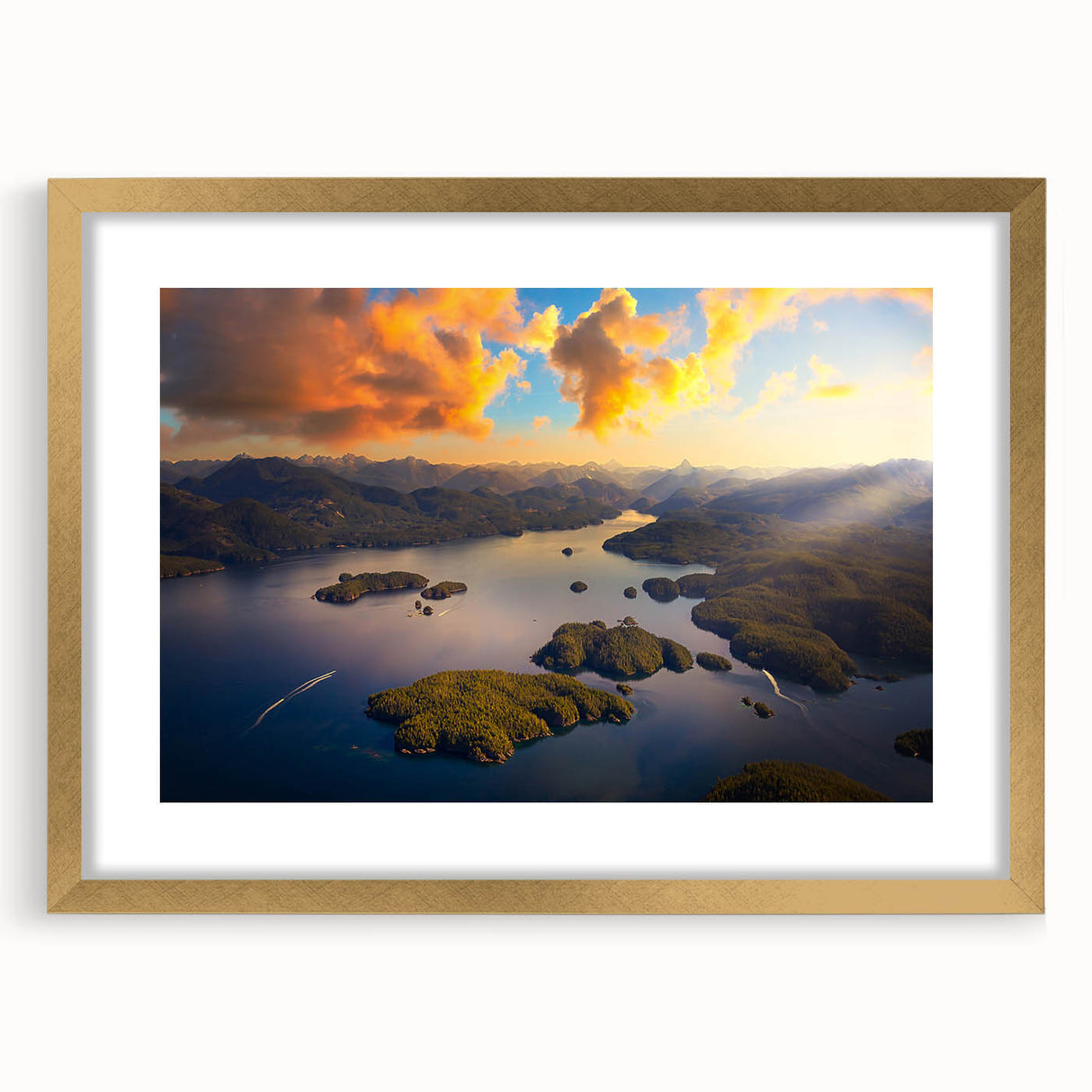Extra large textured abstract art print depicting British Columbia scenery in gold frame, suitable for living room decor.
