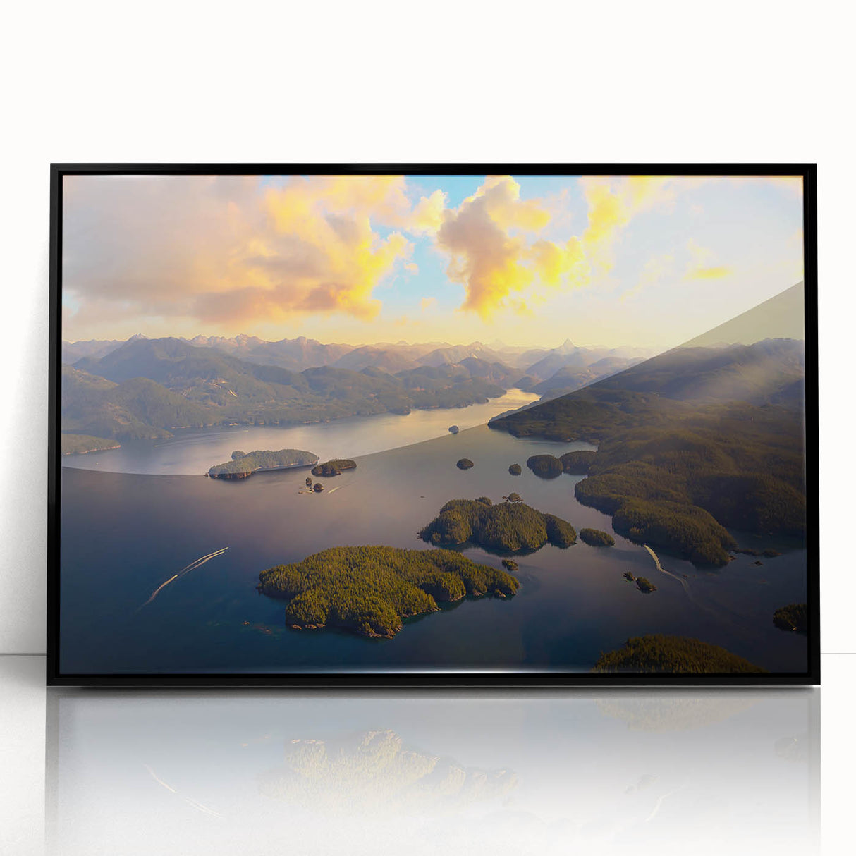 Large abstract wall art depicting a serene British Columbia landscape in muted earth tones on a framed acrylic panel.