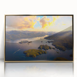 Large art print of British Columbia scenery in gold frame, mid-century modernist style on acrylic, suitable for modern decor.